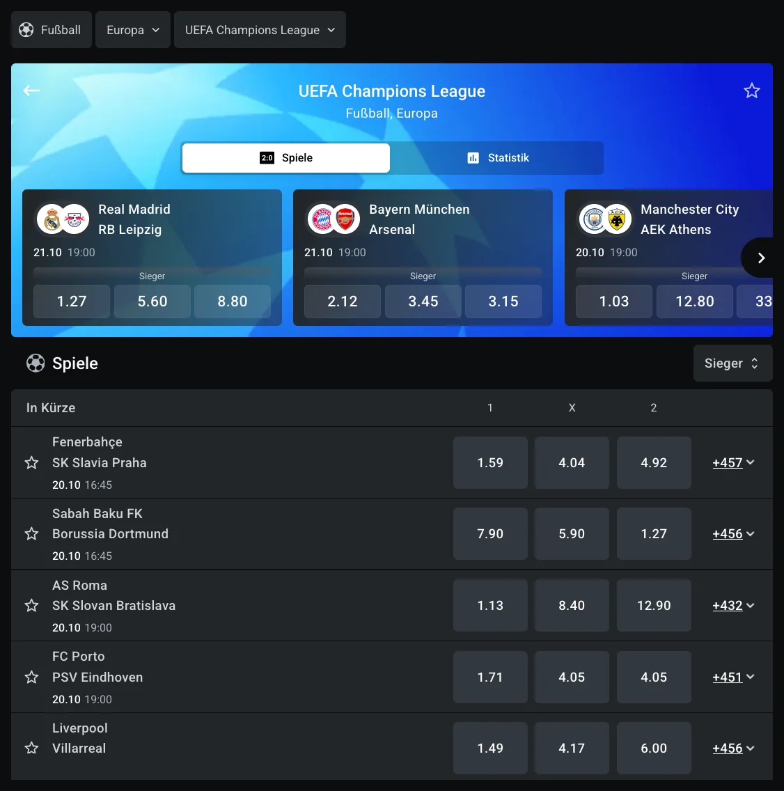LEON: 1X2-Quoten für Spiele der UEFA Champions League am 20. und 21.10.2026